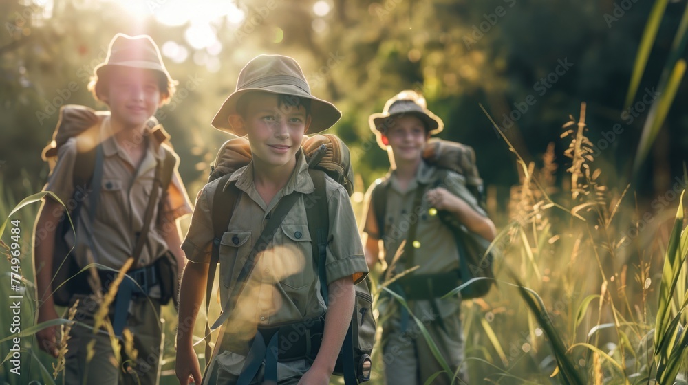 Young Adventurers on a Quest, trio of boy scouts embarks on an adventure in the golden hour, their faces lit with the thrill of exploration