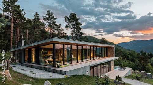 This luxury villa, with its modern, minimalistic exterior and glass design, sits gracefully in the mountains, offering a veranda with unparalleled views