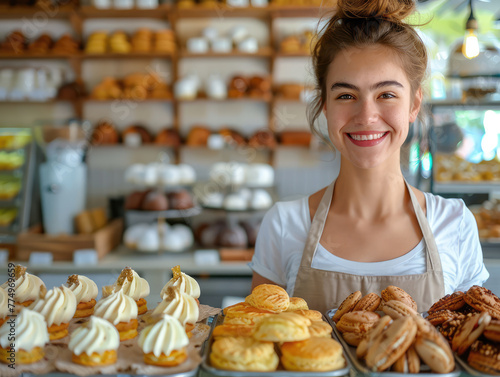 Radiant baker with an apron showcasing an assortment of delectable pastries in a bakery full of golden-brown bread. 