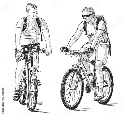 Cyclists riding bike on summer day, two young men, casual active sports city dweller, sketch, vector hand drawing isolated on white