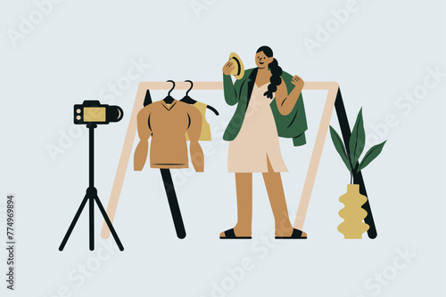 Fashion Blogger Recording Video for Her Vlog Vector Illustration (ID: 774969894)