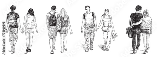 Couples young citizens holding hands walking outdoors together on summer day, casual city dwellers, sketch, vector  hand drawing black and white, isolated on white illustration