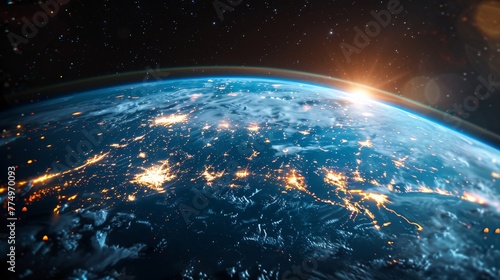 A 3D render of the Earth from space, with a network of glowing data paths crisscrossing continents, symbolizing worldwide internet connections. photo