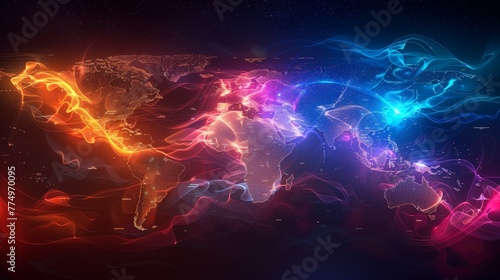 A futuristic global network map, with neon-colored data paths glowing against the continents, depicting the extensive reach of internet connectivity