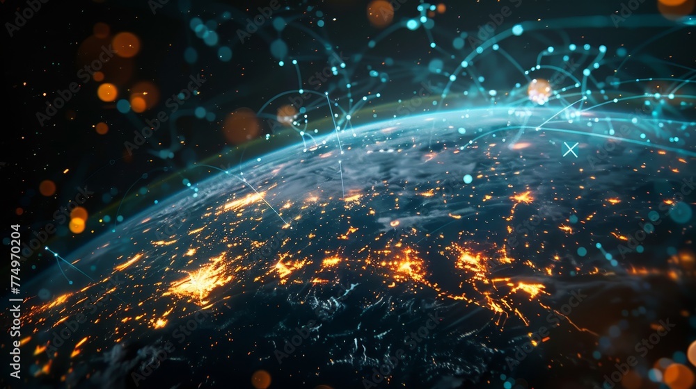 Representation of Earth with points of light symbolizing global network activity, providing perspective on the scale and complexity of digital communications