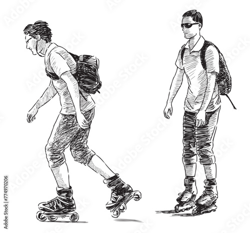 Teens students with backpacks roller skating, casual active sports young city dwellers, sketch, vector hand drawing isolated on white