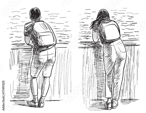 Students, teenagers, girl, boy, school children, standing,river embankment,rest, back view, backpack,youth, two persons, romance,sketch,doodle, vector illustration, black and white