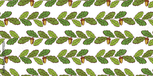 Oak leaves, acorns, green, rows, hand drawn vector illustration, deciduous tree, seamless pattern, white background,wallpaper, paper, textile