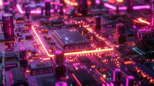 Detailed visuals of glowing electronic circuit boards reflect the high-tech processing power and sophistication of computing systems.