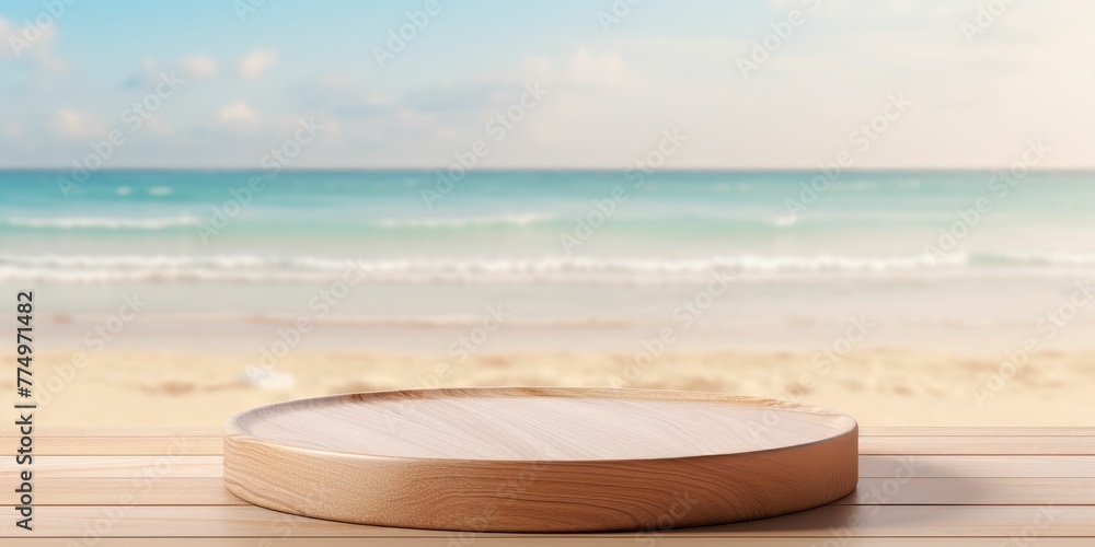 Wooden platform podium with beach in the background