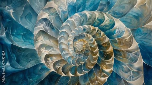 Golden ratio-inspired fractal pattern resembling a nautilus shell delicately painted in watercolor illustration featuring a myriad of calming sea-blue tones