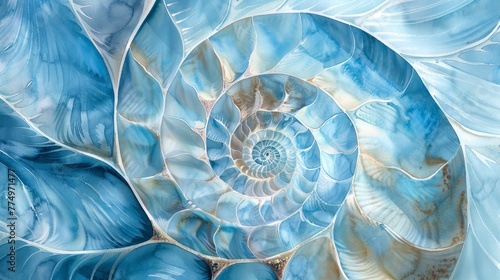 Golden ratio-inspired fractal pattern resembling a nautilus shell delicately painted in watercolor illustration featuring a myriad of calming sea-blue tones