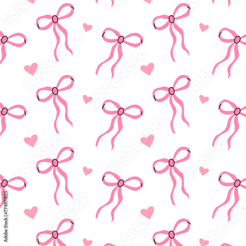 Seamless pattern with pink bows and hearts. Gift ribbons in hand drawn and flat styles. Fashionable vector illustration. Hair accessory. Bows for gift wrapping.