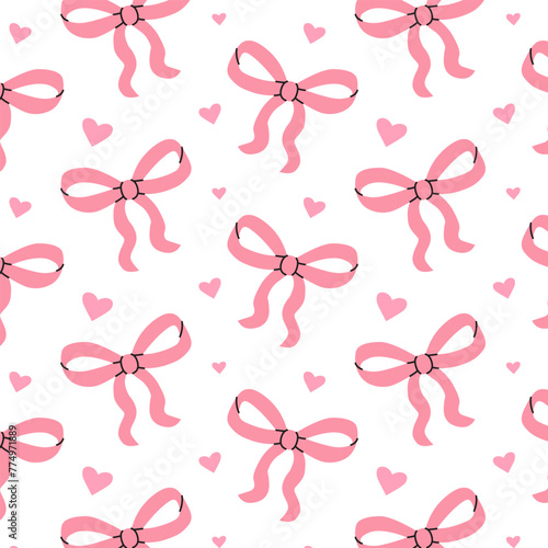 Seamless pattern with pink bows and hearts. Gift ribbons in hand drawn and flat styles. Fashionable vector illustration. Hair accessory. Bows for gift wrapping.