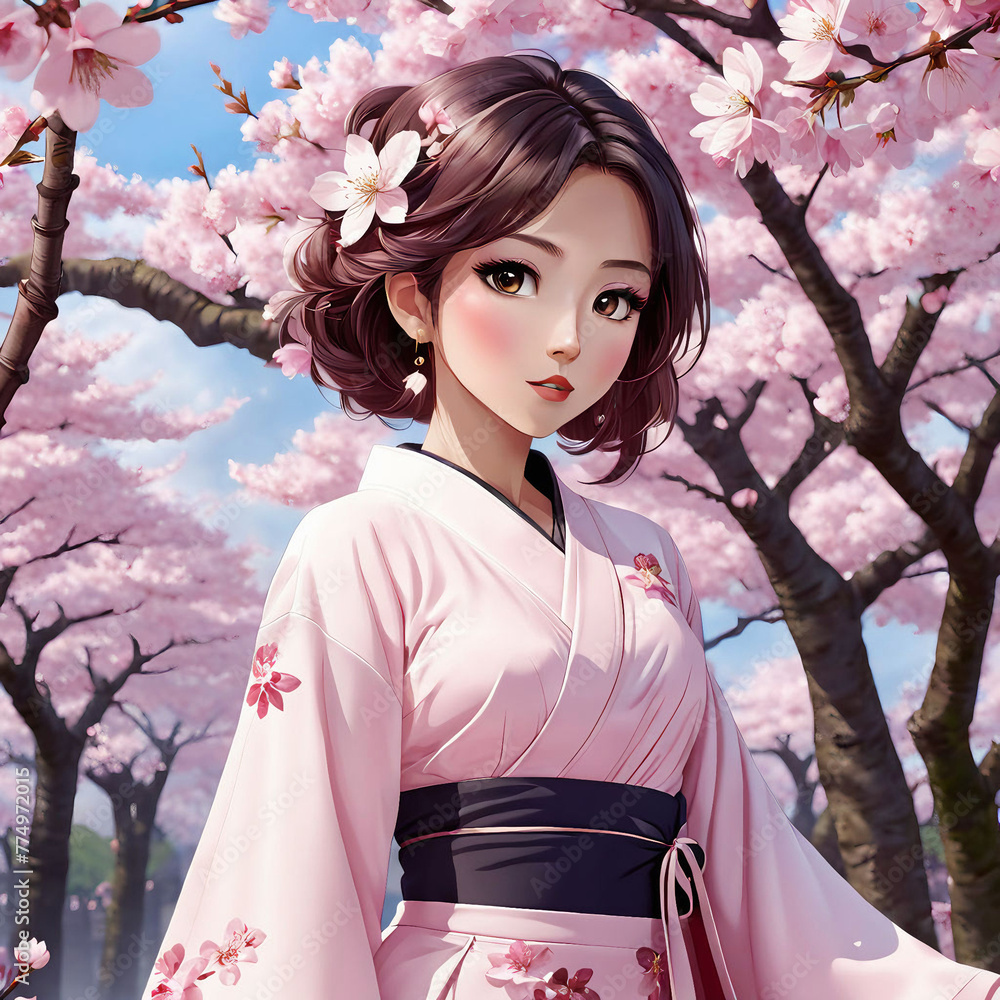 A beautiful woman in a kimono posing against a cherry blossom background A beautiful woman in a kimono posing against a cherry blossom background
