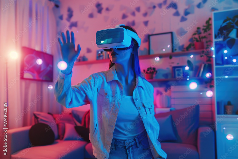 Fototapeta premium Pretty teenage girl wearing virtual reality headset at home. Future technology concept.