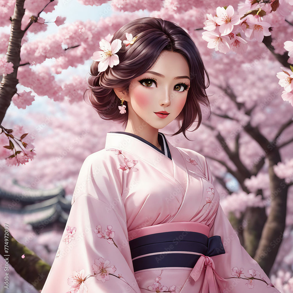 A beautiful woman in a kimono posing against a cherry blossom background