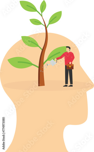 Growth mindset, training to believe in success, motivation or coaching, growing attitude concept, personal development or improvement, man watering plant seeds growing from head brain.