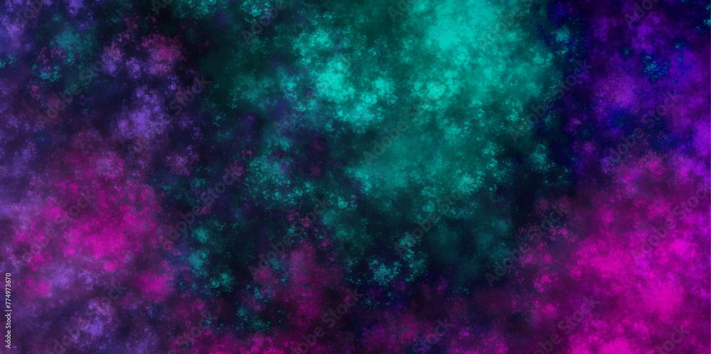 Fictional space volcano nebula aquamarine and pink abstract glowing space stars. Vintage paper textured aquarelle. Artificial magic smoke in red with neon blue, purple light, smoke color isolated back