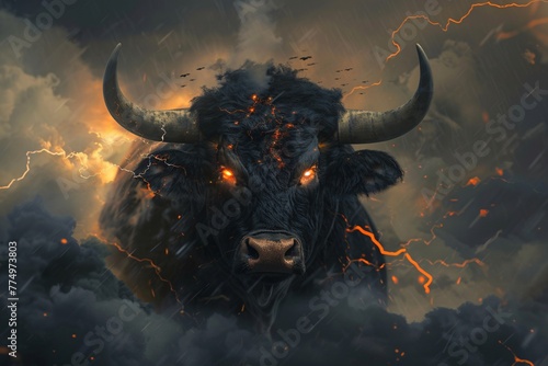 a black bull with horns and fire eyes