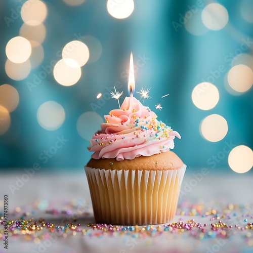 Cupcake with colorful sprinkles on wooden table against blurred lights