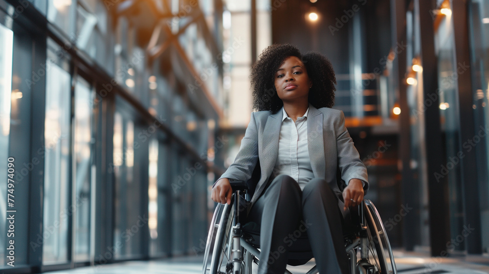 Confident black African American woman sitting in a wheelchair in a corporate business environment, inclusion