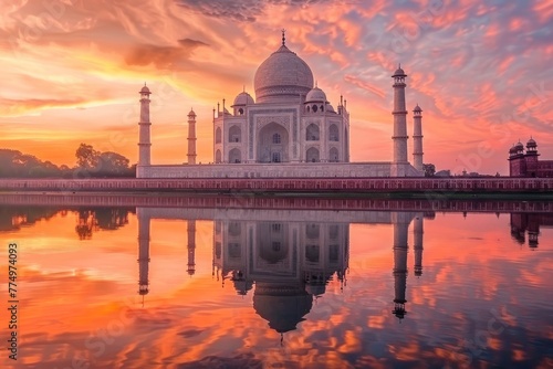 Majestic Taj Mahal reflecting in tranquil Yamuna River at dawn its pristine white marble facade juxtaposed against a vibrant orange sky