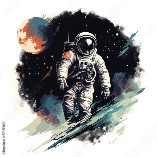 Astronaut in spacesuit fling in the space with space rocket 