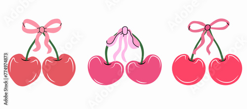 Set of pink and red cherries and bows. Gift ribbons in hand drawn and flat styles. Fashionable vector illustration. Coquette core cute trendy design. Girly accessories