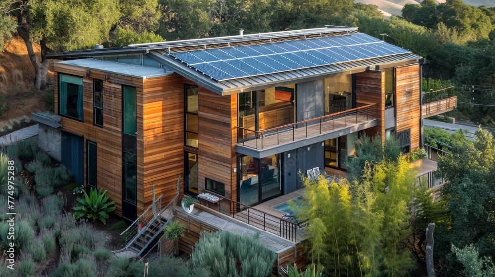 A house that prioritizes sustainability with solar p AI generated illustration - obrazy, fototapety, plakaty 
