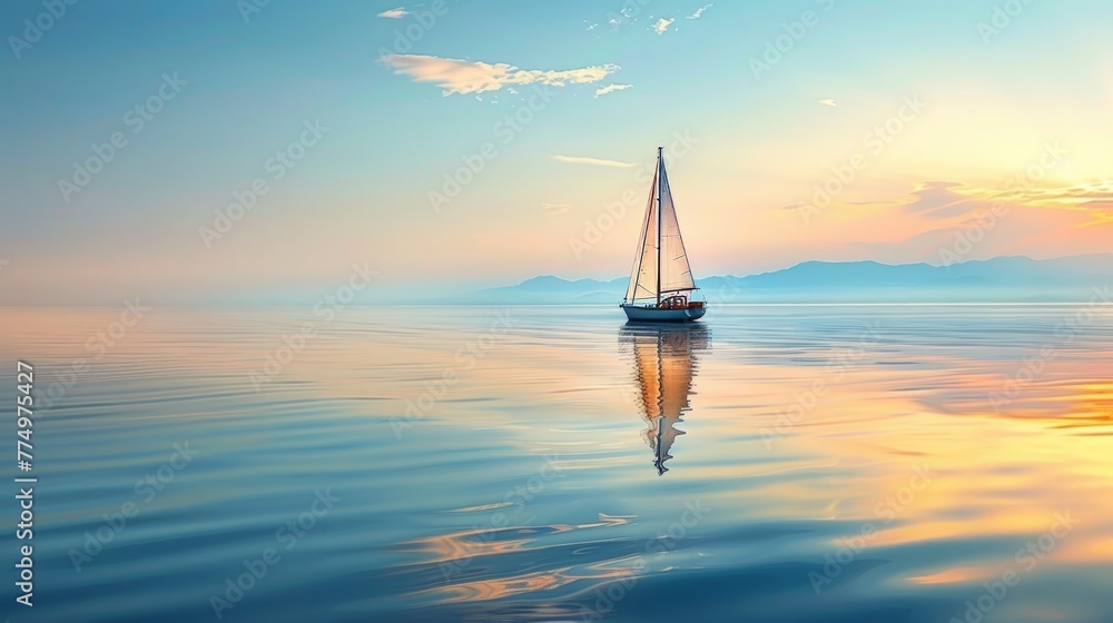 A lone sailboat on  calm bay AI generated illustration - obrazy, fototapety, plakaty 