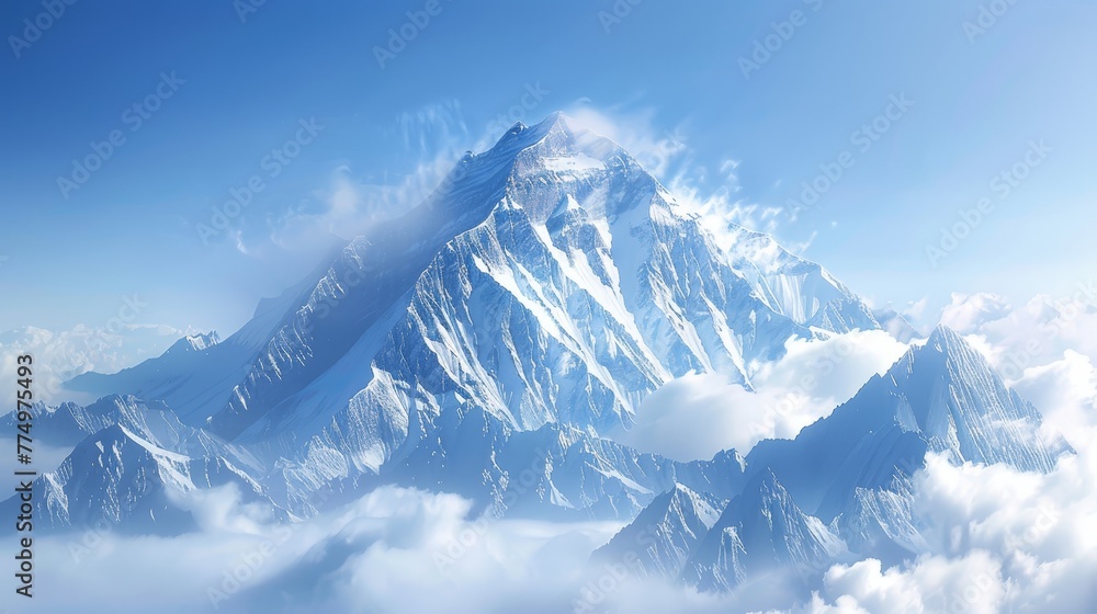 A majestic mountain peak rising proudly above the wo  AI generated illustration