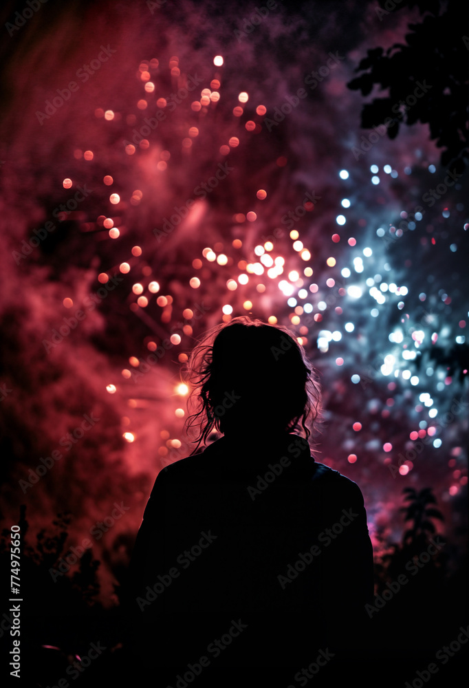 A woman at night looking at fireworks exploding in the sky