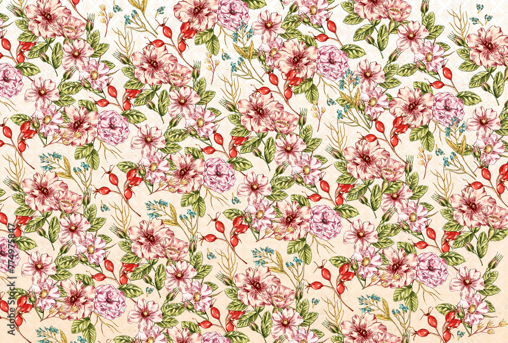 Wild roses, beautiful flowers with ormenent in background- digital illustration for card, poster, wallpaper Wild roses, beautiful flowers with ormenent in background- digital illustration for card, poster, wallpaper