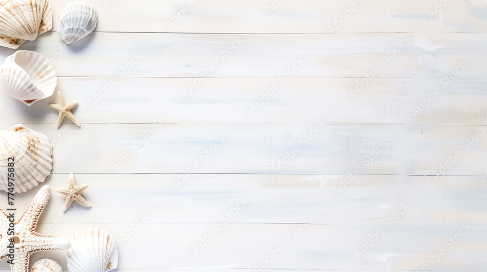 Seashells and starfish on a white wooden background, showcasing a variety of shapes and textures, evoking a beachy, coastal vibe. Seashells and starfish on a white wooden background, showcasing a variety of shapes and textures, evoking a beachy, coastal vibe.