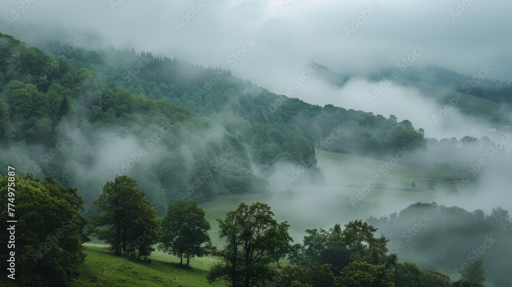 A misty morning in the mountains AI generated illustration A misty morning in the mountains AI generated illustration