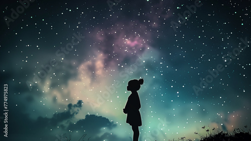 subtle dark night sky background with a small silhouette of young girl looking up