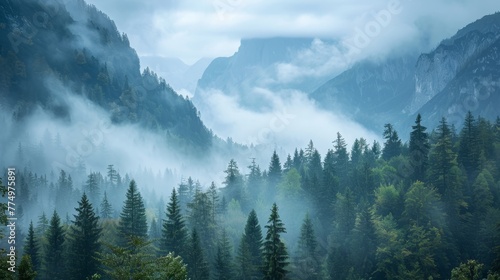 A misty morning in the mountains AI generated illustration