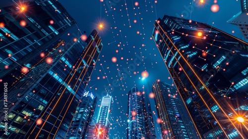 A network of illuminated buildings representing the AI generated illustration