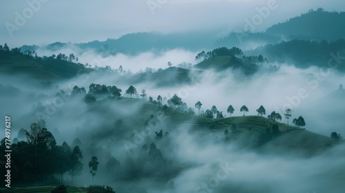 A peaceful mountain landscape with fog blanketing th AI generated illustration