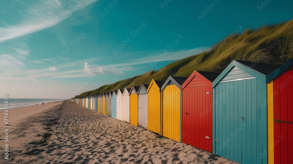 A row of colorful beach huts along the shore  AI generated illustration