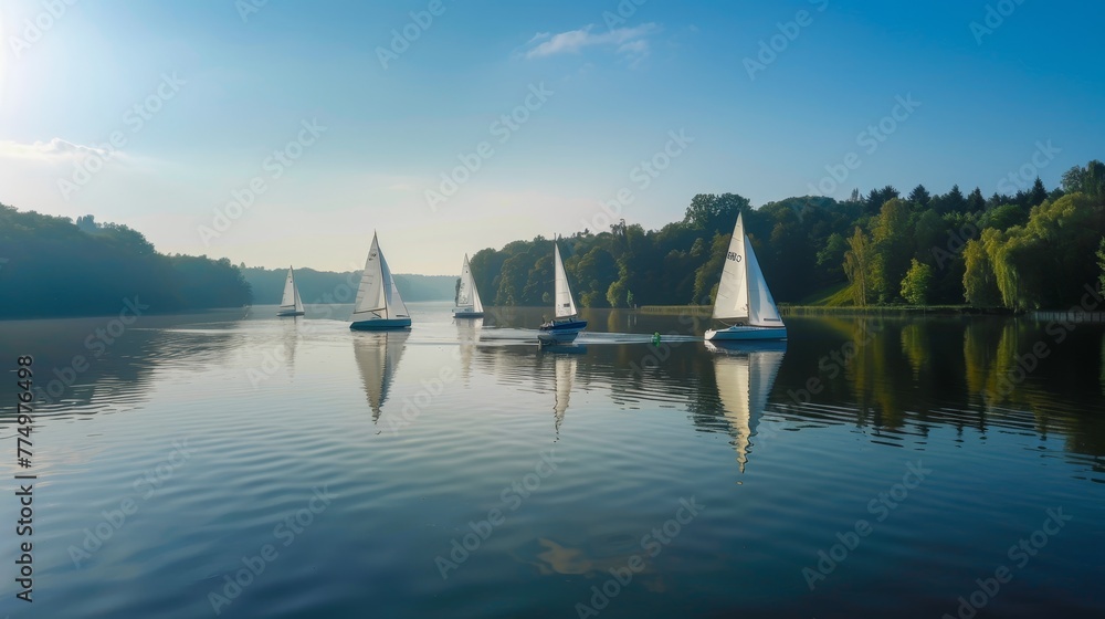 Obraz premium A row of sailboats on tranquil lake AI generated illustration