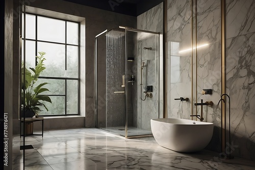 Modern bathroom shower interior with marble walls, tiled floor and black and white bathtub. 3d render