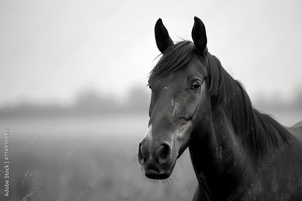 Fototapeta premium A black horse with a white nose is standing in a field