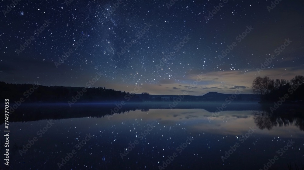 A star-filled sky above calm lake AI generated illustration A star-filled sky above calm lake AI generated illustration