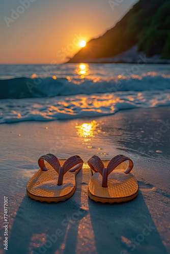 Flip flops on the beach at sunset.