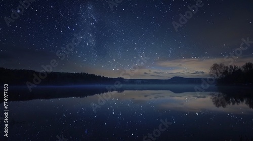 A star-filled sky above calm lake AI generated illustration