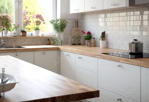 A kitchen with a wooden counter and white cabinets