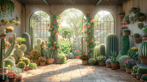 Interior of a greenhouse with cacti and succulents © tbralnina
