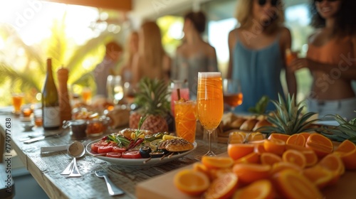 Sunny Brunch with Friends in Tropical Ambiance  vibrant brunch table set outdoors with a tropical backdrop  featuring fresh fruits  drinks  and friends enjoying a sunny gathering